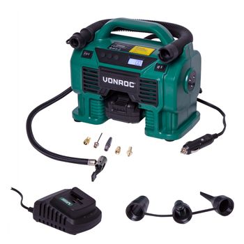 Vonroc Compresor Vpower 20v - Batería De 20v Y Enchufe De 12v Para El Encendedor De Cigarrillos - 11 Bar - Incl. 8 Accesorios - Incl. Batería Y Cargador De 2.0ah