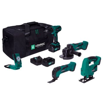 Vonroc Juego De Herramientas Vpower 20v - Bolsa De Herramientas Incl.: Taladro Inalámbrico, Sierra De Calar, Multiherramienta, Amoladora Angular, Luz De Trabajo, 2 Baterías De 4,0ah Y Un Cargador Rápido