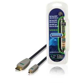 Bandridge Cable Hdmi A Macho - D Macho Con Ethernet, Tamaño De 2 Metros, Color Azul, Imagen 3d Y 4k Nítida, Canal De Retorno De Audio