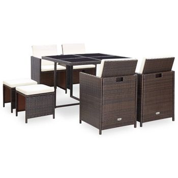 Set Comedor De Jardín 9 Piezas Y Cojines Ratán Sintético Marrón Vidaxl