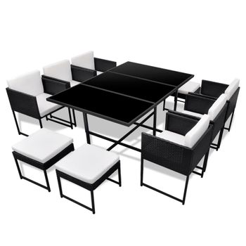 Set Comedor De Jardín 11 Piezas Y Cojines Ratán Sintético Negro Vidaxl