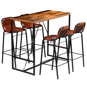 Set Muebles Bar 5 Piezas Madera Maciza Reciclada Y Cuero Cabra Vidaxl