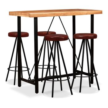 Set Muebles De Bar 5 Pzas Madera Maciza Acacia Cuero Genuino Vidaxl