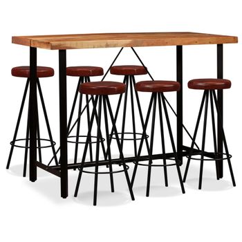 Set Muebles De Bar 7 Pzas Madera Maciza Acacia Y Cuero Genuino Vidaxl