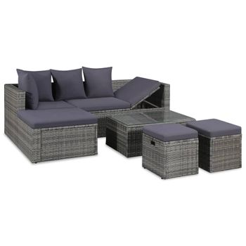 Set De Muebles De Jardín 4 Piezas Y Cojines Ratán Pe Gris Vidaxl