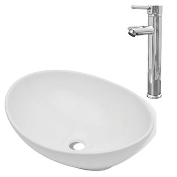 Lavabo De Baño Con Grifo Mezclador Cerámica Ovalado Blanco Vidaxl