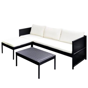 Set De Muebles De Jardín 3 Pzas Y Cojines Ratán Sintético Negro Vidaxl