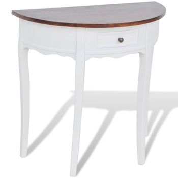 Mesa Consola Semicircular Con Cajón Blanca Y Superficie Marrón Vidaxl