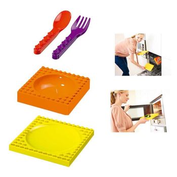 Set Plato Amarillo Bowl Naranja + Cubiertos