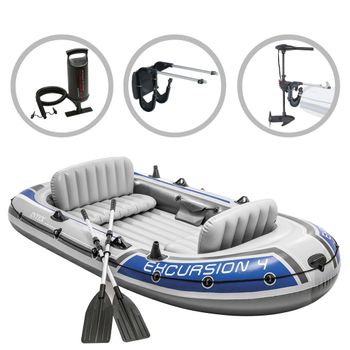 Set De Bote Inflable Excursion 4 Motor De Arrastre Y Soporte Intex