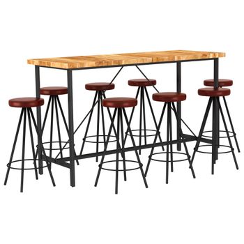 Set Muebles De Bar 9 Pzas Madera Maciza Acacia Cuero Auténtico Vidaxl