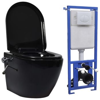 Inodoro Wc De Pared Sin Bordes Cisterna Oculta Cerámica Negro Vidaxl