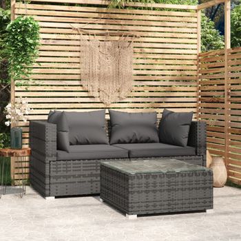 Set De Muebles De Jardín 3 Pzas Y Cojines Ratán Sintético Gris