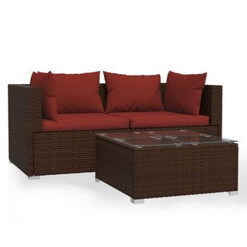 Set Muebles De Jardín 3 Piezas Y Cojines Ratán Sintético Marrón Vidaxl