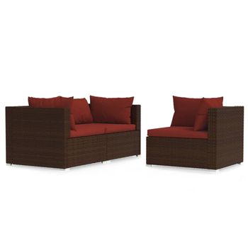 Set Muebles De Jardín 3 Piezas Y Cojines Ratán Sintético Marrón Vidaxl