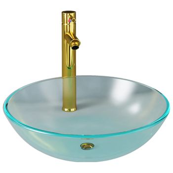 Lavabo Con Grifo Y Tapón Pulsador Cristal Templado Esmerilado Vidaxl