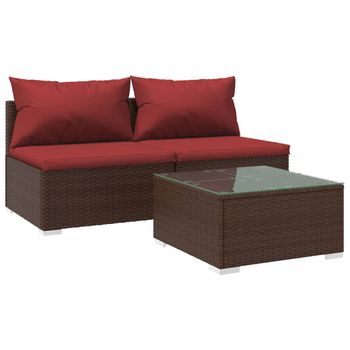 Set Muebles De Jardín 3 Piezas Y Cojines Ratán Sintético Marrón Vidaxl