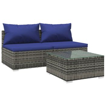 Set De Muebles De Jardín 3 Pzas Y Cojines Ratán Sintético Gris Vidaxl