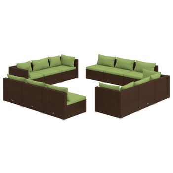 Set Muebles De Jardín 12 Pzas Y Cojines Ratán Sintético Marrón Vidaxl