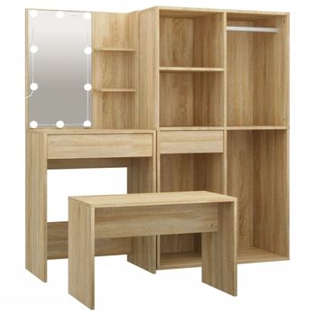 Juego De Tocador Con Led Madera Contrachapada Roble Sonoma Vidaxl