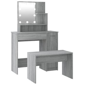 Juego De Tocador Con Led Madera Contrachapada Gris Sonoma Vidaxl