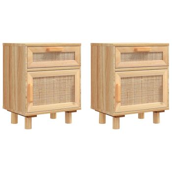 Mesitas De Noche 2 Uds Madera Maciza Pino Marrón Ratán Natural Vidaxl