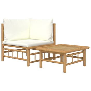 Set De Muebles De Jardín 2 Piezas Bambú Y Cojines Blanco Crema Vidaxl