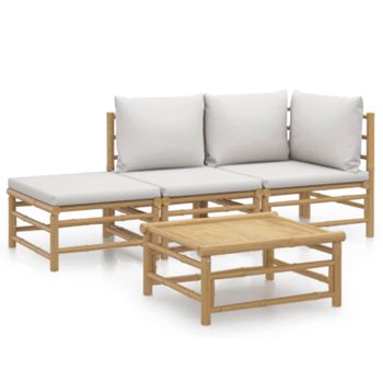 Set De Muebles De Jardín 4 Piezas Bambú Y Cojines Gris Claro Vidaxl