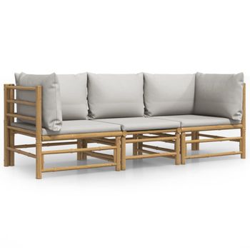 Set De Muebles De Jardín 3 Piezas Bambú Y Cojines Gris Claro Vidaxl