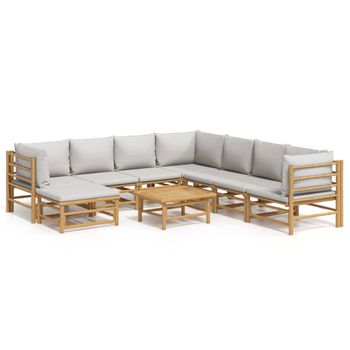 Set De Muebles De Jardín 9 Piezas Bambú Y Cojines Gris Claro Vidaxl