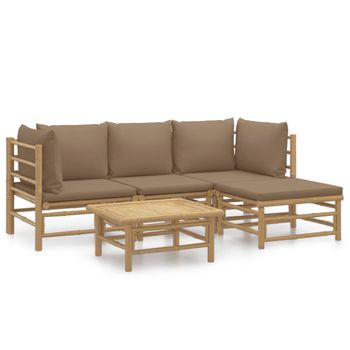 Set De Muebles De Jardín 5 Piezas Bambú Y Cojines Gris Taupé Vidaxl