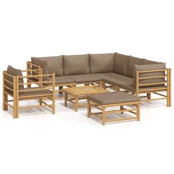 Set De Muebles De Jardín 8 Piezas Bambú Y Cojines Gris Taupé Vidaxl