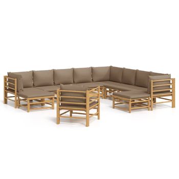 Set De Muebles De Jardín 12 Piezas Bambú Y Cojines Gris Taupé Vidaxl