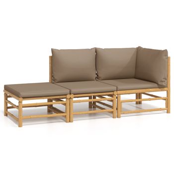 Set De Muebles De Jardín 3 Piezas Bambú Y Cojines Gris Taupe Vidaxl