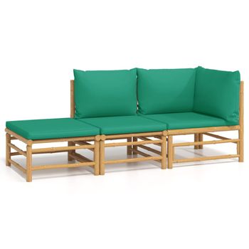 Set De Muebles De Jardín 3 Piezas Bambú Con Cojines Verde Vidaxl