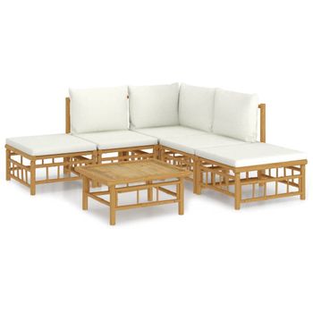 Set De Muebles De Jardín 6 Piezas Bambú Y Cojines Blanco Crema Vidaxl