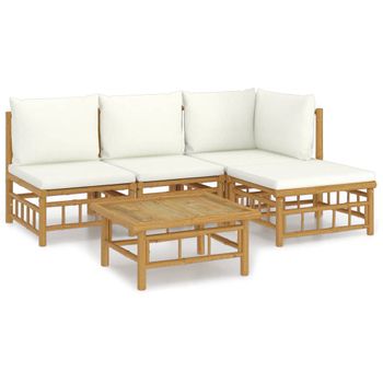 Set De Muebles De Jardín 5 Piezas Bambú Y Cojines Blanco Crema Vidaxl