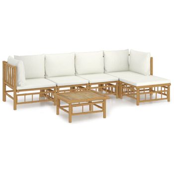 Set De Muebles De Jardín 6 Piezas Bambú Y Cojines Blanco Crema Vidaxl