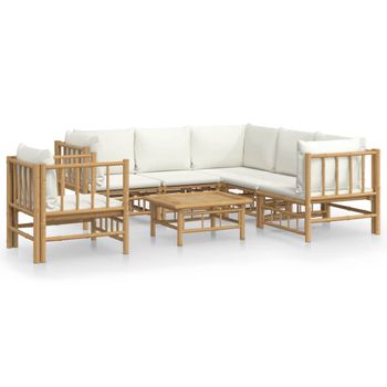 Set De Muebles De Jardín 7 Piezas Bambú Y Cojines Blanco Crema Vidaxl