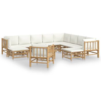 Set De Muebles De Jardín 12 Piezas Bambú Y Cojines Blanco Crema Vidaxl