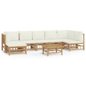 Set De Muebles De Jardín 8 Piezas Bambú Y Cojines Blanco Crema Vidaxl