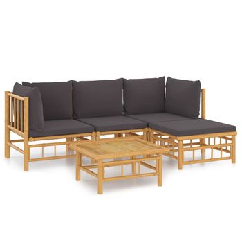 Set De Muebles De Jardín 5 Piezas Bambú Con Cojines Gris Oscuro Vidaxl