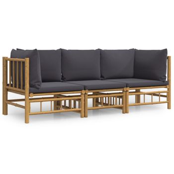 Set De Muebles De Jardín 3 Piezas Bambú Con Cojines Gris Oscuro Vidaxl