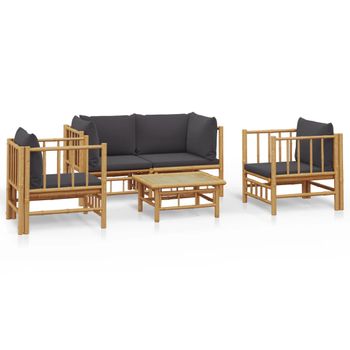 Set De Muebles De Jardín 5 Piezas Bambú Con Cojines Gris Oscuro Vidaxl