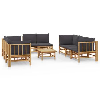 Set De Muebles De Jardín 9 Piezas Bambú Con Cojines Gris Oscuro Vidaxl