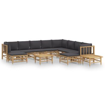 Set De Muebles De Jardín 12 Pzas Bambú Con Cojines Gris Oscuro Vidaxl