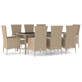 Set Comedor De Jardín 9 Pzas Con Cojines Ratán Sintético Beige Vidaxl