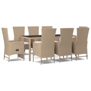 Set Comedor De Jardín 9 Pzas Con Cojines Ratán Sintético Beige Vidaxl