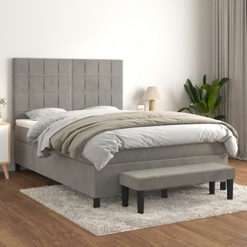 Cama Box Spring Con Colchón Terciopelo Gris Claro 140x190 Cm