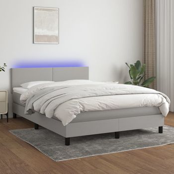 Cama Box Spring Con Colchón Tela Y Led Gris Claro 140x200 Cm